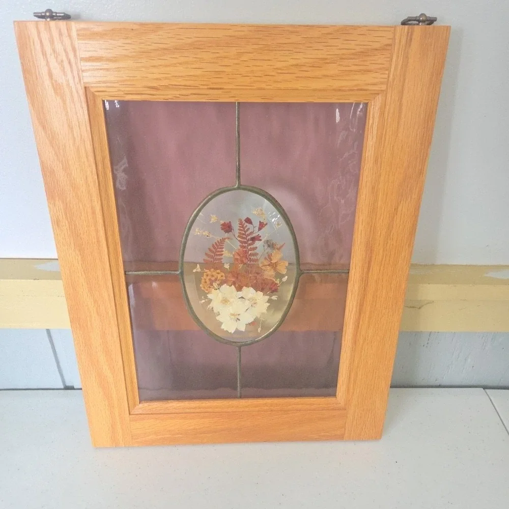 Oak Framed Stained Glass Artwork Dried Flowers Botanical Window Hanging